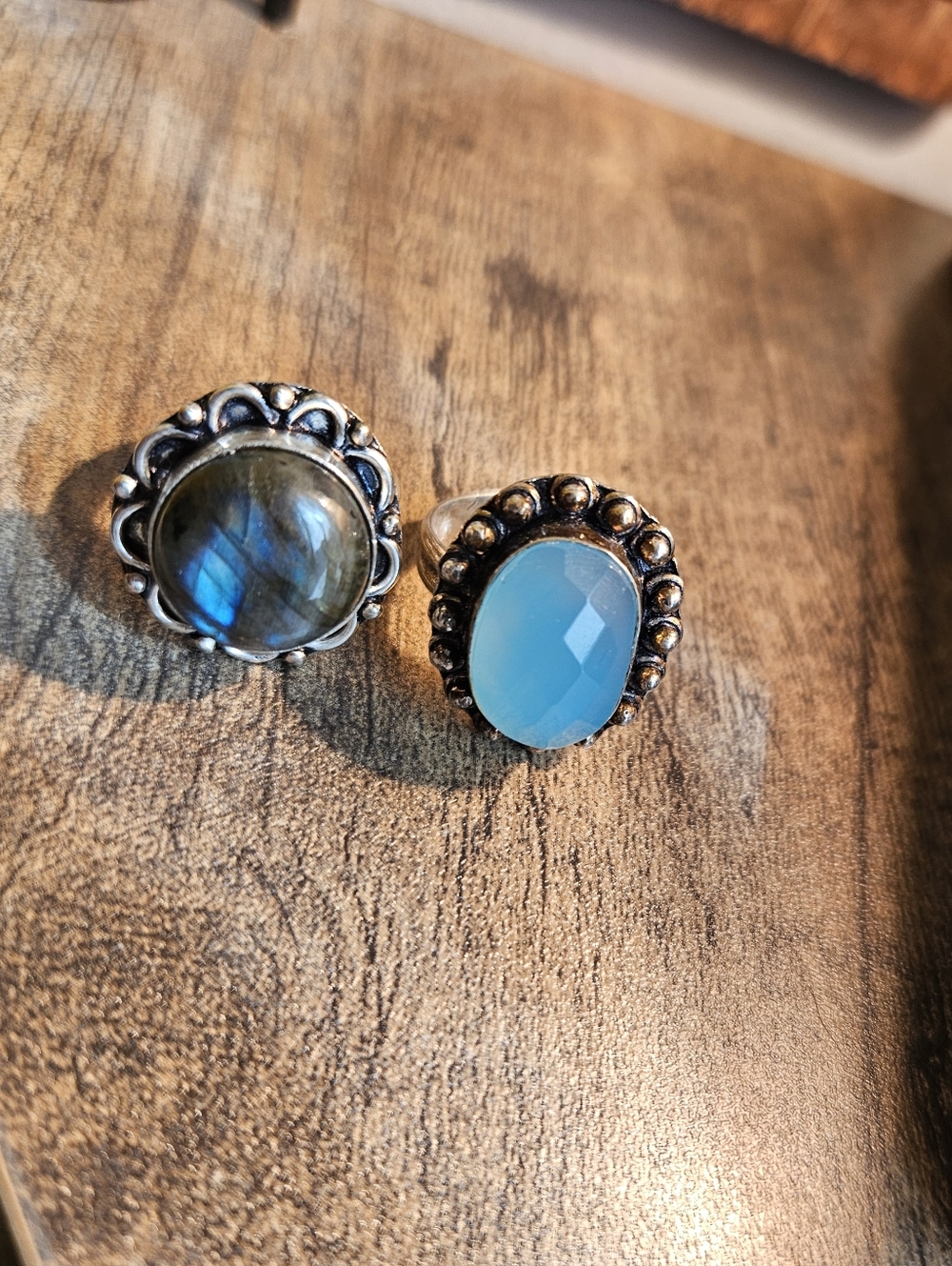 Labradorite & Opalite Ring Set (Size 7–7.5) –. 925 Sterling Silver, Blue Flash